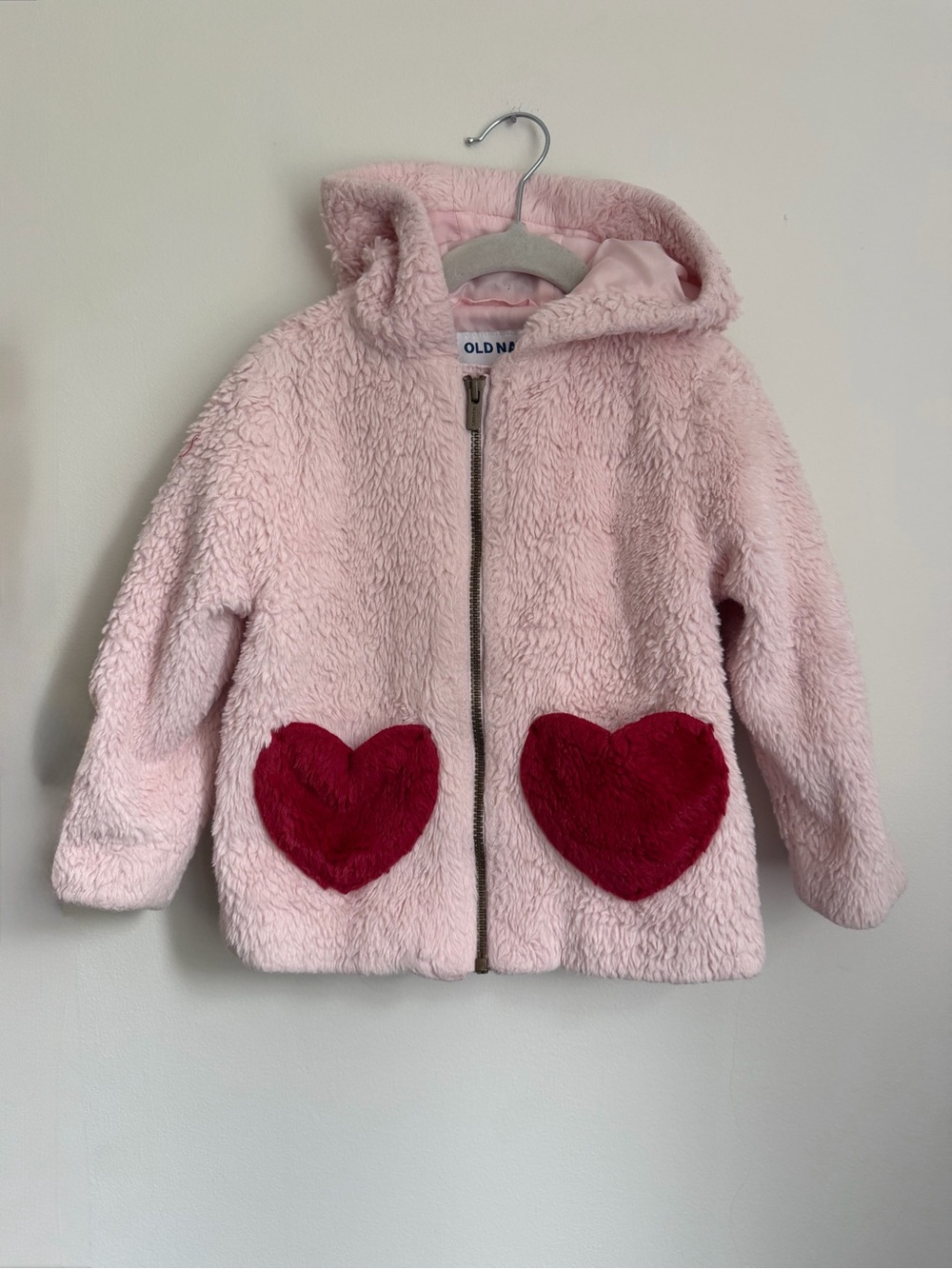 Old Navy Pink Hooded Sherpa Jacket with Red Heart Pockets (Size 4T)